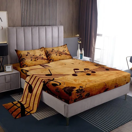 Manfei Juego de sábanas musicales tamaño matrimonial, juego de ropa de cama con estampado de notas musicales retro para niños y niñas, decoración de
