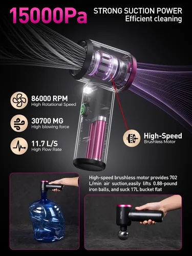 Miniatura 4 de Mini Aspiradora de Coche Portátil Inalámbrica con Luz LED, 15000PA de Succión Potente, 80W de Alta Potencia, Vaciado con un Clic, Filtro Hepa Dual