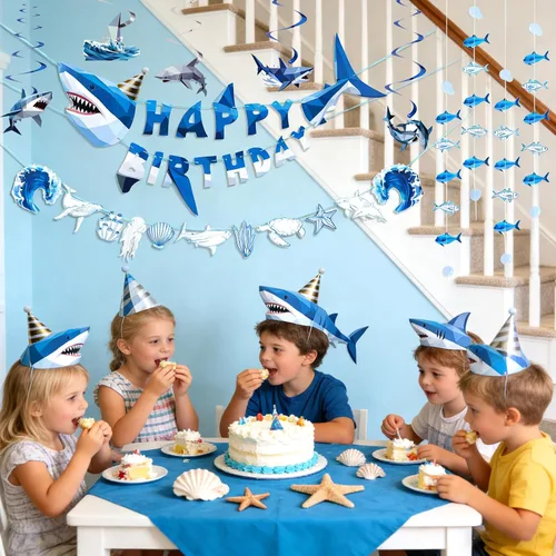 Miniatura 7 de Paper Jazz Decoración de tiburón oceánico, decoración de fiesta de tiburón ballena para pared, pancarta de cumpleaños bajo el mar con remolinos, Azul