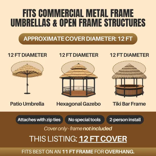 Miniatura 4 de Paja mexicana de paja – Sombrilla Tiki de 12 pies para sombra al aire libre, patio, barras Tiki – Cubierta de césped natural ecológica, fácil