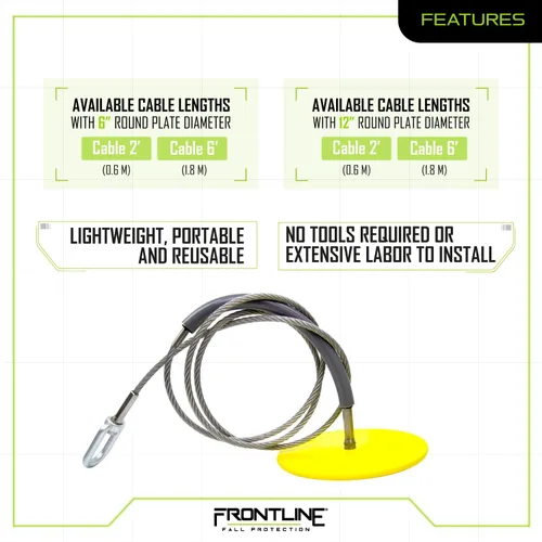 Miniatura 4 de Frontline Fall Protection DT602 Placa redonda de anclaje de 6 pulgadas con cable de 2 pies Cumple con OSHA y ANSI Punto de anclaje extraíble