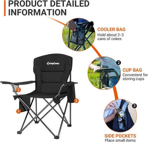 Miniatura 6 de KingCamp Sillones plegables portátiles acolchados para exteriores con portavasos integrado, funda térmica aislada y bolsillo de almacenamiento Negro