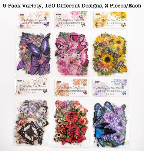 Miniatura 2 de Knaid 300 calcomanías surtidas de mariposas y flores, calcomanías de resina floral de mariposas transparentes, calcomanías estéticas para diario