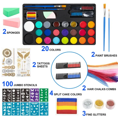 Miniatura 2 de Kit de pintura facial para niños, 20 pinturas a base de agua, no tóxicas, para piel sensible, 100 plantillas, 3 brillos 2 tizas para el cabello, 2
