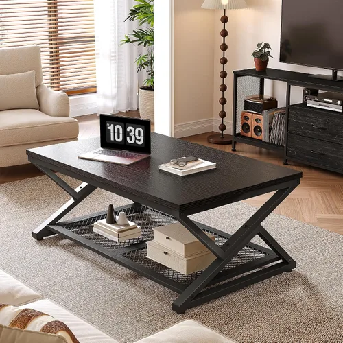 Miniatura 3 de EnHomee Mesa de Café con Almacenamiento, Mesas de Café Modernas para Sala de Estar con Estante de Malla, Mesa de Centro Rectangular de 2 Niveles