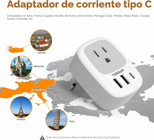 Miniatura 2 de Paquete de 2 adaptadores de enchufe de viaje europeo, TESSAN adaptador de enchufe de EE. UU. a Europa con 3 puertos USB (1 USB C), toma de corriente