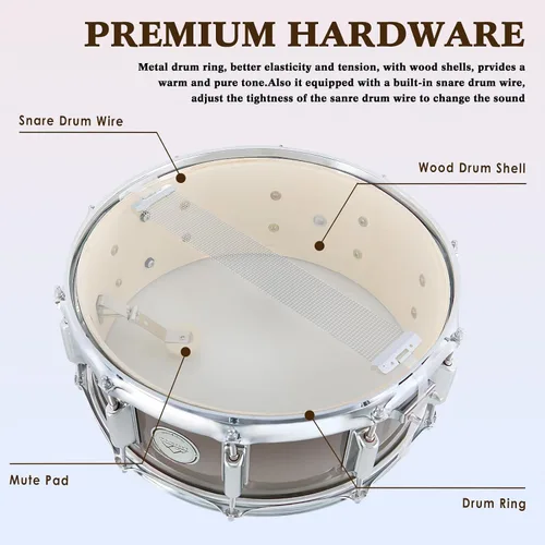 Miniatura 5 de EASTROCK Juego de batería de caja de 14 x 5.5 pulgadas para estudiantes principiantes con bolsa de concierto, baquetas, soporte, llaves de tambor