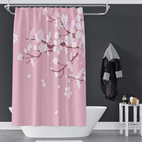 Miniatura 5 de Cortina de ducha japonesa con flores de cerezo blanco, pétalos que caen, decoración de fondo rosa, tela impermeable, cortina de baño floral