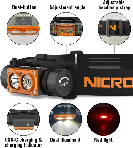 Miniatura 2 de NICRON Linterna frontal recargable, de alto brillo de 1500 lúmenes, 180 °, de aluminio, con 3 fuentes de luz, 10 modos, impermeable, linterna H25