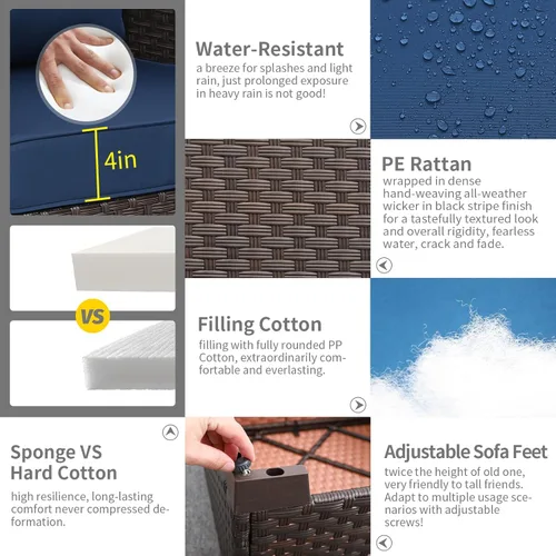 Miniatura 6 de Rattaner Sofá de mimbre para patio de 3 asientos, muebles de sofá de ratán para exteriores con marco de acero con funda para muebles y asiento Azul