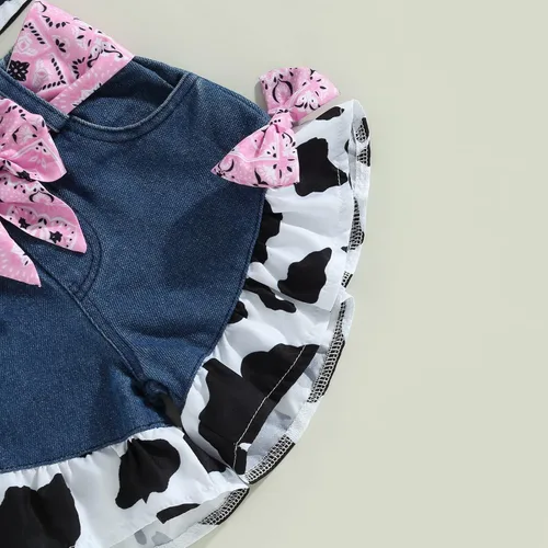 Miniatura 7 de Emmababy Trajes de mezclilla occidentales para niñas pequeñas, con volantes, sin mangas, con estampado de vaca, con botones, con cinturón