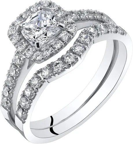 Peora Juego de anillo de compromiso y anillo de boda de oro blanco de 14 quilates para mujer color F-G claridad VVS tallas 4-10 Metal precioso Gema