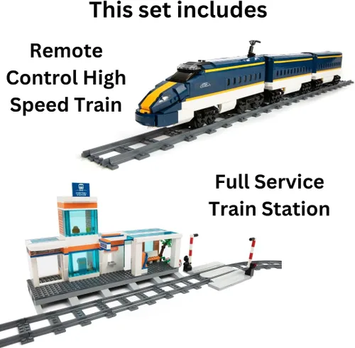 Miniatura 2 de Block Builder Juego de bloques de construcción con control remoto de tren de alta velocidad con estación de tren completo (1532 piezas). Bloques