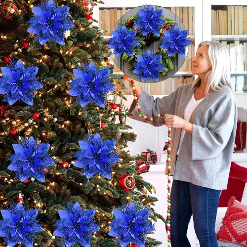 Miniatura 6 de 15 Piezas Flores de Navidad Artificiales Decoraciones de Flor de Pascua con Clips y Tallos, Decoraciones de Flor de Pascua de Navidad con Purpurina