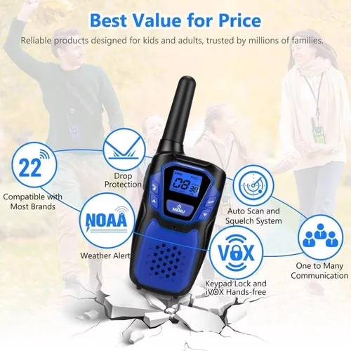 Miniatura 6 de Topsung Walkie Talkies para Niños Recargables Walkie Talkie para Adultos de Largo Alcance FRS Radio de 2 Vías Paquete de 3 con Cordón, Batería NOAA