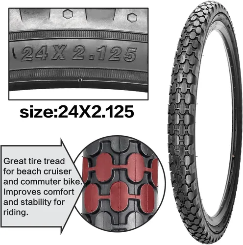 Miniatura 4 de Paquete de 2 neumáticos de bicicleta Cruiser de 24 x 2.125 pulgadas, neumáticos de pared negra con 2 tubos interiores, 2 palancas, 2 tiras