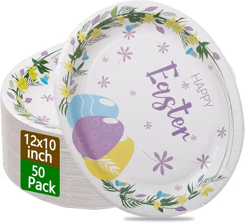 Miniatura 26 de WDF Paquete de 50 platos florales ovalados de papel, platos llanos desechables grandes de 10 x 12 pulgadas, platos desechables florales