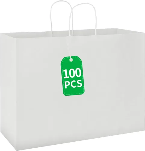 Miniatura 8 de bagmad Paquete de 50 bolsas grandes de papel kraft blanco de 16 x 6 x 12 pulgadas con asas a granel para compras, bodas, comestibles, mercancías al