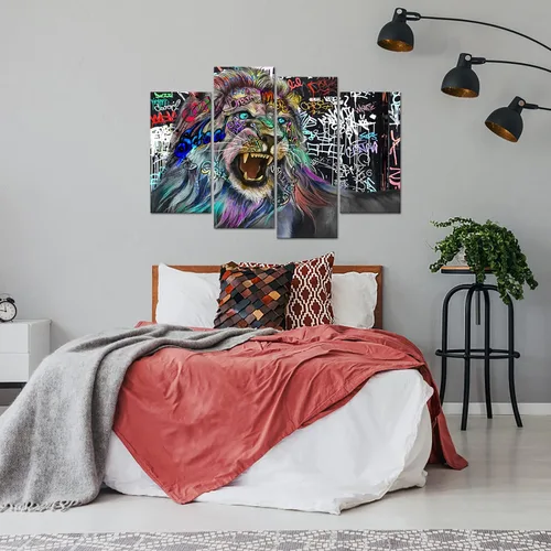 Miniatura 5 de Cuadro de 4 paneles de graffiti en lienzo de animales para decoración de pared, arte abstracto del rey león, lienzo enmarcado en blanco y negro