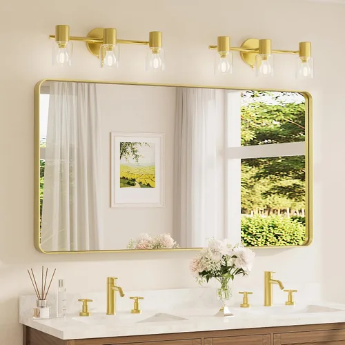 Miniatura 74 de TETOTE Espejo de marco dorado cepillado de 16 x 24 pulgadas, espejo de tocador de baño de latón dorado para pared, espejo enmarcado rectangular