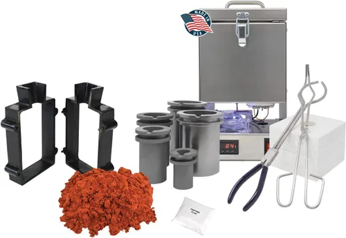 Deluxe QuikMelt - Juego de moldes de arena para horno de mesa, 5 libras, petrobonda, bridas, pinzas, crisoles, molde, polvo de separación, metales