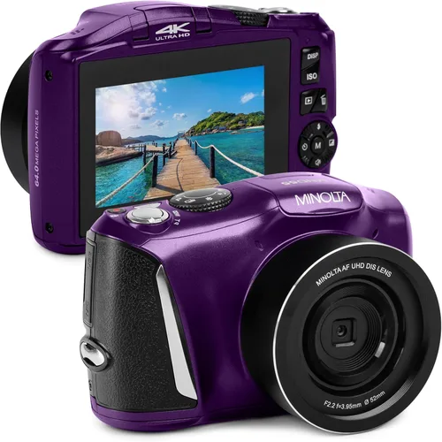 Minolta Cámara digital de 64 MP, video 4K Ultra HD a 60 FPS, zoom digital de 16x, WiFi, sensor CMOS, pantalla LCD de 3 pulgadas, exposición Púrpura
