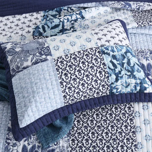 Miniatura 6 de ENASAL - Juego de colcha de algodón, juego de cubrecama reversible, lujoso diseño de retazos florales azul y blanco, colcha reversible, tamaño queen