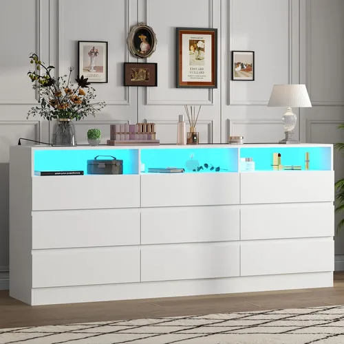 Gyfimoie Cómoda de 9 cajones con toma de corriente, cómoda moderna blanca con luces LED, cómodas de madera con soporte para TV, organizador de