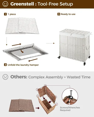 Miniatura 40 de GREENSTELL Cesta para ropa sucia con ruedas y tapa, 130 L, cesta grande de 3 secciones con 2 tipos de bolsas de forro extraíbles, 5 bolsas de malla