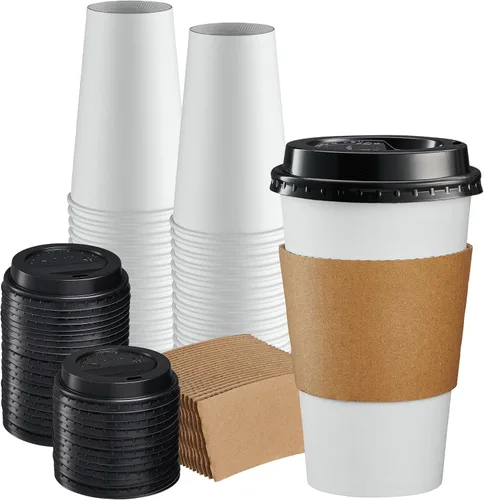 Miniatura 10 de GUSTO 50 juegos de tazas de café desechables con tapas y fundas de 10 onzas. Vasos calientes de papel para viajes y uso en la oficina. Paquete
