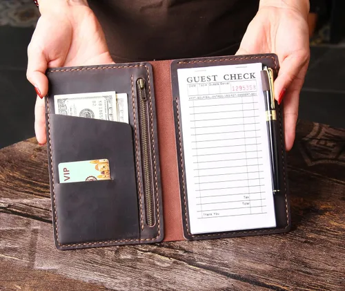 Miniatura 6 de Libreta organizadora para meseros con bolsillo con cremallera, tarjetero para restaurante de piel genuina para meseras, accesorios para meseros que