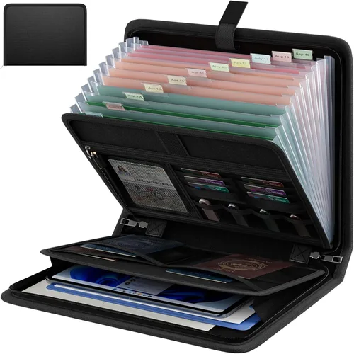 Organizador de archivos de acordeón ignífugo, carpeta expandible portátil con cremallera y etiquetas impermeables, organizador de documentos negro