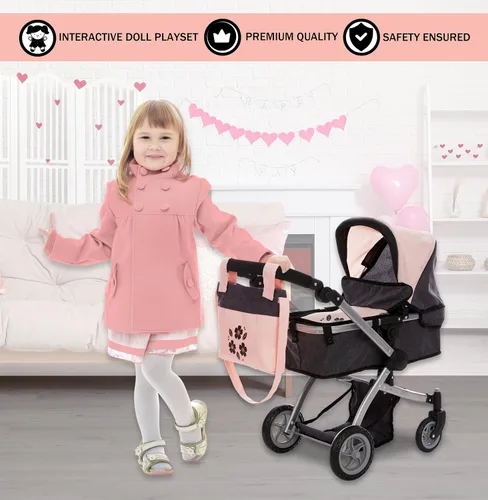 Miniatura 6 de Dolls To Play Cochecito Convertible de Muñeca Bebé para Niños, Mango Ajustable Carrito Buggy Plegable con Toldo y Cesta de Almacenamiento, Ruedas