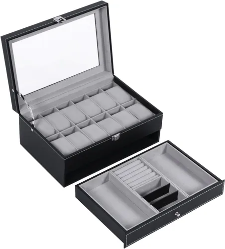 Miniatura 8 de BEWISHOME Caja organizadora de 12 relojes con cajón de exhibición de joyas, bandeja ajustable, caja de almacenamiento de reloj para hombres con tapa