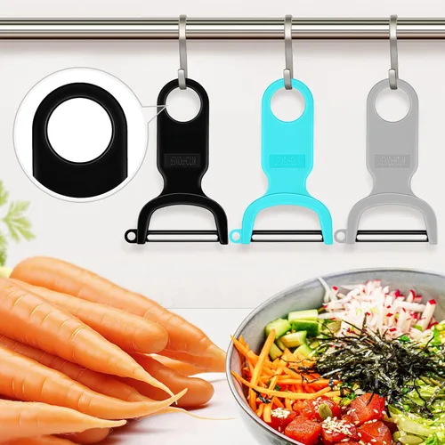 Miniatura 7 de Pelador de verduras original, peladores de patatas para cocina, hoja de acero al carbono, paquete de 3 unidades, gris/azul/negro