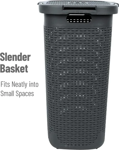 Miniatura 6 de Mind Reader Cesta para Ropa Sucia Delgada de 60L, Cesta de Ropa, Tapa, Estilo Mimbre, Plástico, 17.65"L x 13.75"A x 24.15"Al, Juego de 2, Gris