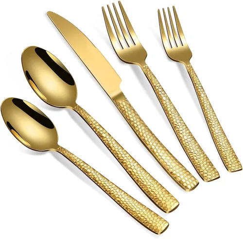 Miniatura 11 de Juego grande de utensilios de servir para anfitriona, cucharas de servir martilladas de acero inoxidable resistentes, cucharas ranuradas, tenedor