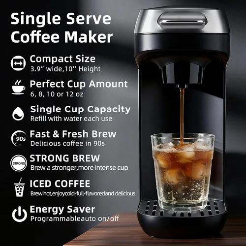 Miniatura 3 de Cafetera pequeña de una sola porción para K Cup y café molido, café rápido de una taza, 6 a 12 oz. Tamaños de preparación, máquina con recordatorio