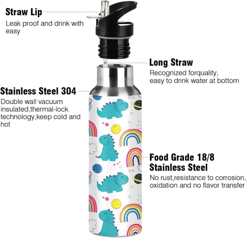 Miniatura 3 de Insulated Stainless Steel Water Bottle with Straw 20 Oz, Leakproof Water Bottles for Gym Outdoor Travel School, Cute Dinosaurs Rainbows White