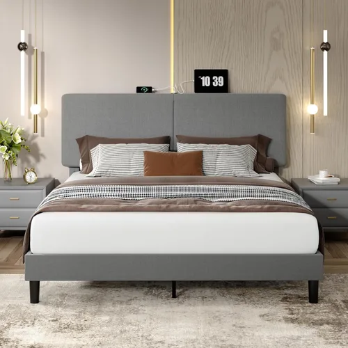 Miniatura 8 de VECELO Marco de Cama Matrimonial Tapizado Camas Plataforma con Cabecera de Algodón y Lino Ajustable en Altura, Listones de Madera Resistente, 6