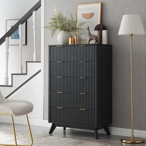Miniatura 14 de T4TREAM Cómoda acanalada de 3 cajones, cómoda moderna de 32 pulgadas de alto, diseño de perfil curvo, organizador de cajones de madera para Aliso