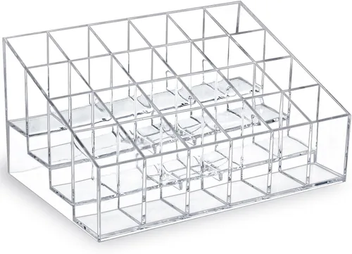 MOSIKER Organizador de lápiz labial, pequeño plástico transparente, compacto, brillo labial, soporte para rímel de muestras de perfume con 24 ranuras