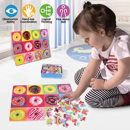 Miniatura 3 de LELEMON Rompecabezas para niños de 4 a 6 años, paquete de 6 rompecabezas de 100 piezas para niños de 4 a 8 años en una caja de metal, rompecabezas