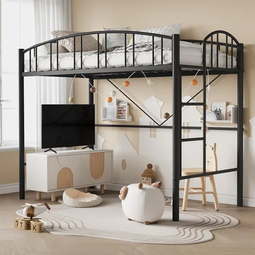 GarveeHome Cama tipo loft tamaño individual, marco de cama de metal resistente con barandilla arqueada y escalera de seguridad, ahorro de espacio,