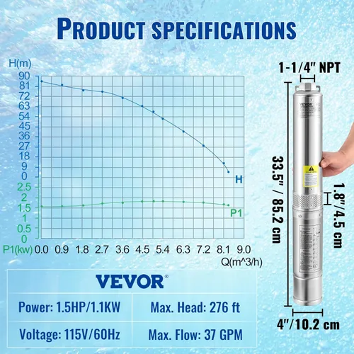 Miniatura 7 de VEVOR Bomba sumergible de pozo profundo, 1.5 HP 115 V/60 Hz, cabezal de 37 gpm y 276 pies, con cable de 33 pies y caja de control externo, bomba