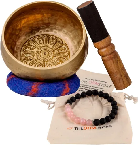 Juego de cuenco tibetano con grabados de mantra curativo con cuarzo rosa y piedra de lava Mala, hecho a mano en Nepal para curación de chakras,