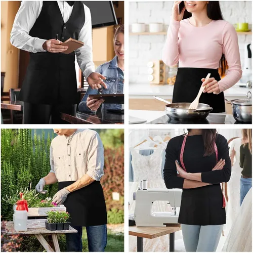Miniatura 7 de TopTie Delantal de cintura para camarera con impresión personalizada con 3 bolsillos, mitad delantal de cocina de restaurante Negro