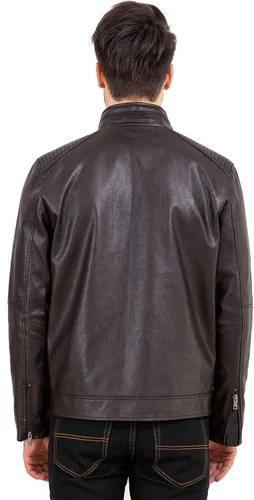 Miniatura 6 de VICALLED Chaqueta de cuero para hombre, ajuste delgado, cuello alto, chaqueta de motocicleta de poliuretano, ligera