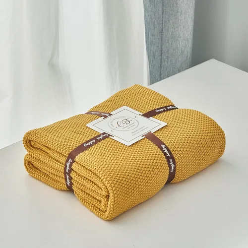 Miniatura 2 de Longhui bedding - Manta de punto trenzado de algodón amarillo mostaza para sofá cama, mantas de punto ligeras decorativas para el hogar con bolsa