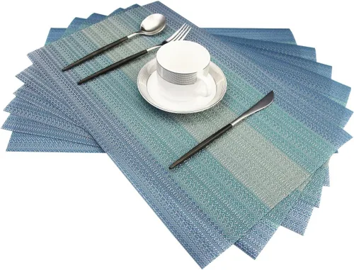 Miniatura 13 de Juego de 6 manteles individuales de plástico lavables para mesa de cocina, resistentes al calor, de vinilo tejido, para exteriores, 12 x 18 Dorado